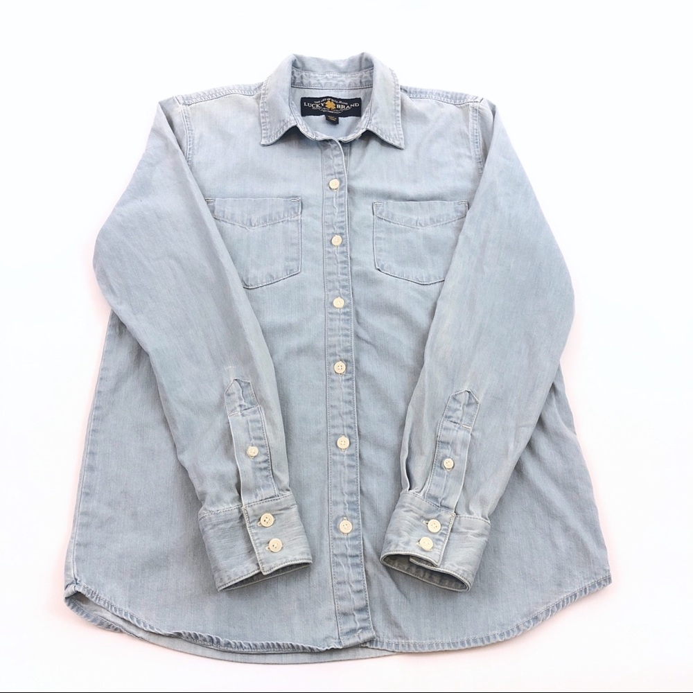 denim light wash button up shirt